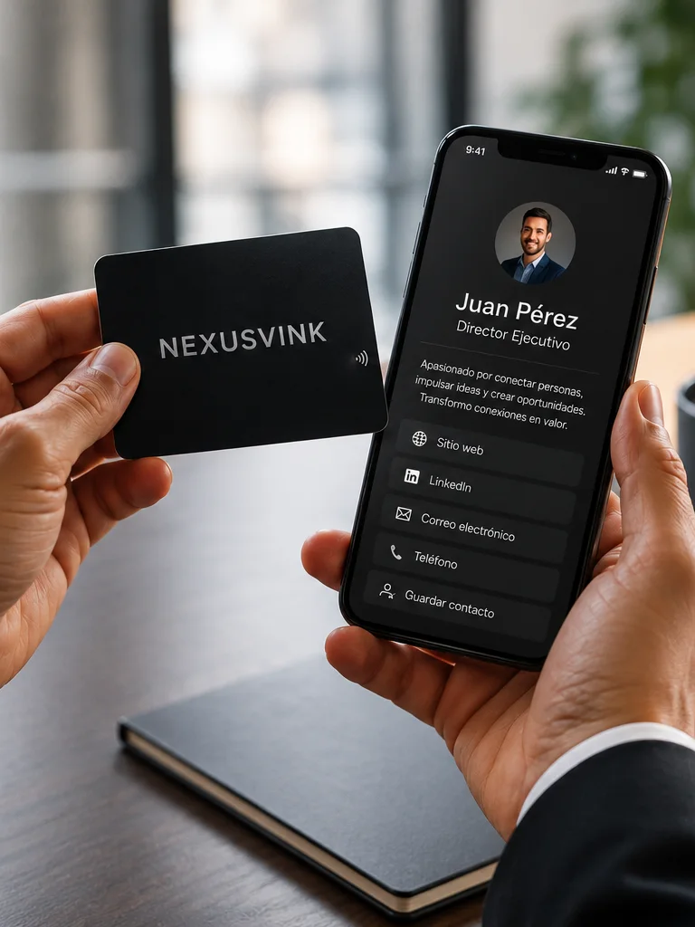 Una mano sostiene una tarjeta NFC negra de NexusVink y la otra un teléfono con el perfil digital abierto: foto, nombre, cargo, enlaces y el botón Guardar contacto.