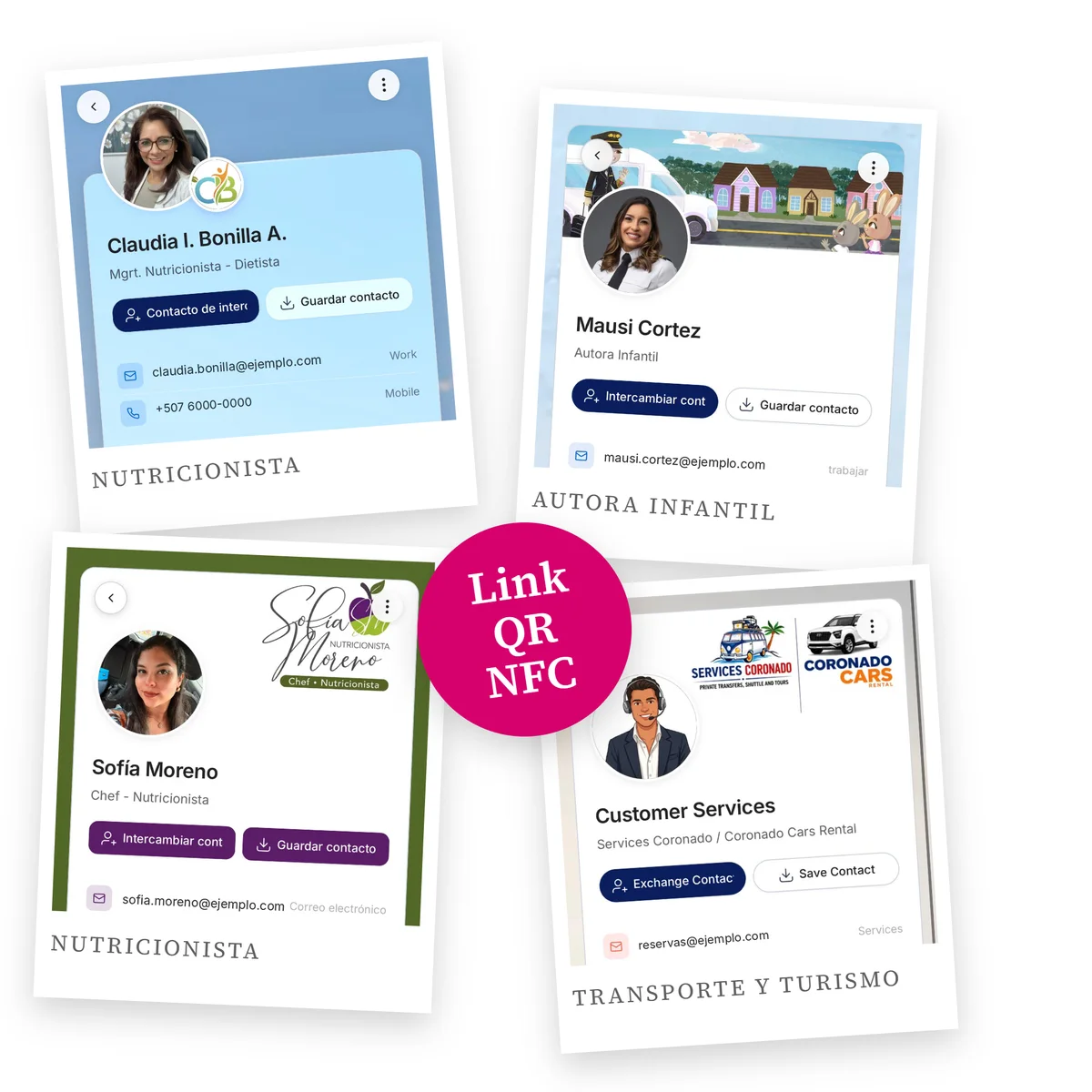 Cuatro perfiles digitales NexusVink de clientes: nutricionista, autora infantil, chef nutricionista y una empresa de transporte y turismo, cada uno con su foto, marca y botones para guardar el contacto. Se comparten por enlace, QR o NFC.