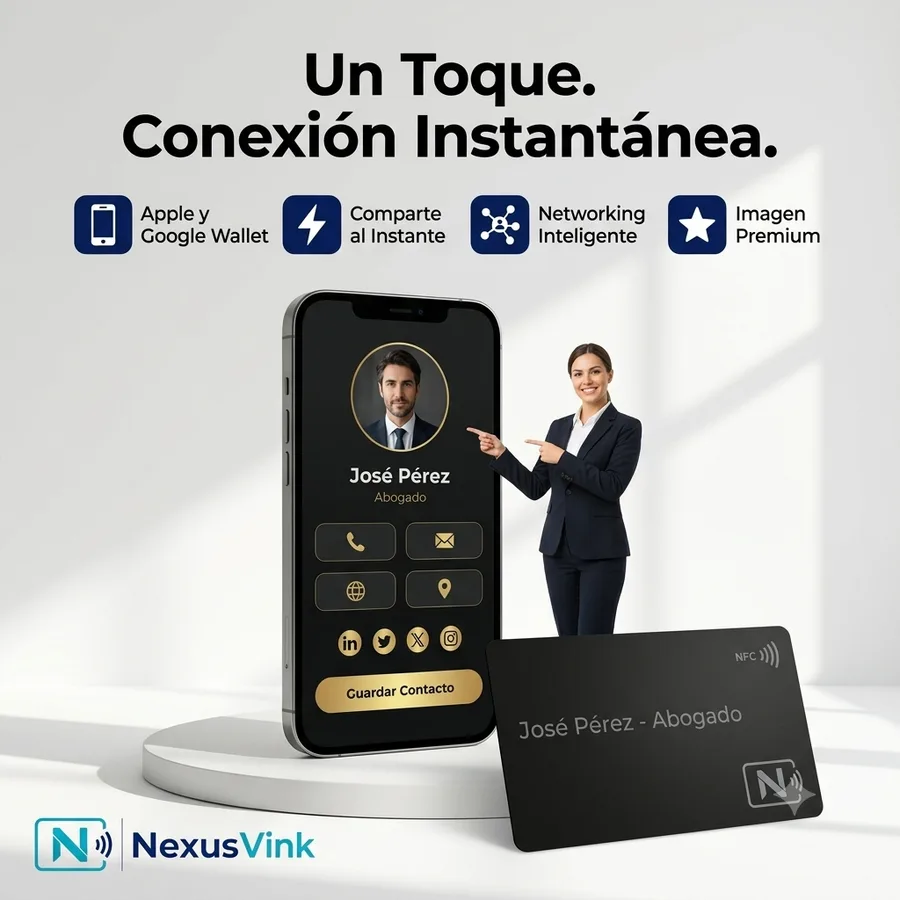 Tarjeta NFC NexusVink junto a un teléfono que muestra un perfil digital con botones de llamada, correo, web, ubicación, redes sociales y Guardar contacto.